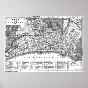 Vintage Map of Nice France (1914) BW Poster