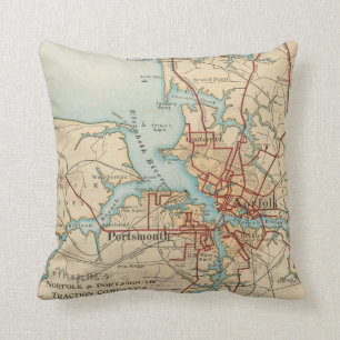 Vintage Map of Norfolk and Portsmouth VA (1919) Cushion
