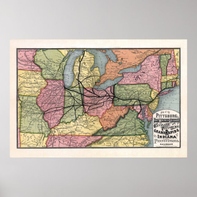 Vintage Map of Northeastern Railroads, 1874 Poster (Front)