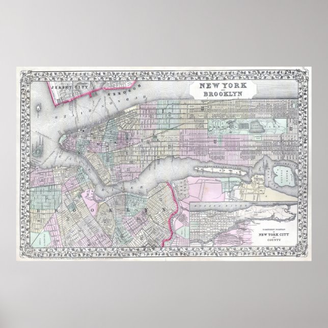 Vintage Map of NYC and brooklyn (1867) Poster (Front)