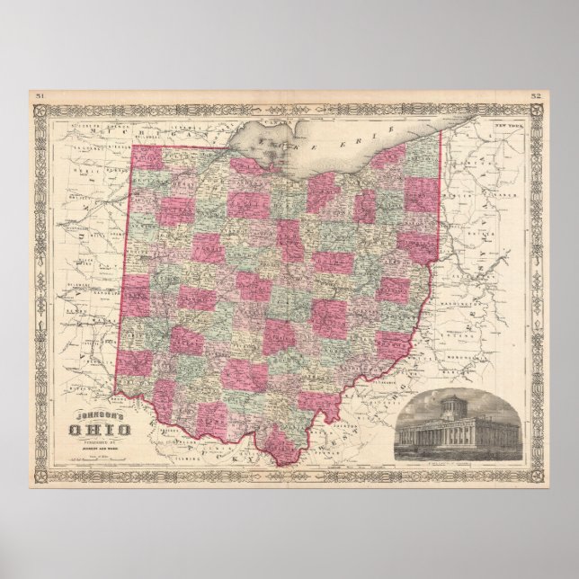 Vintage Map of Ohio (1864) Poster (Front)