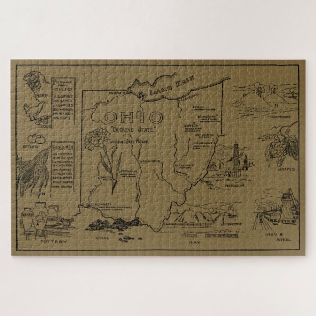 Vintage Map of Ohio (1912) - Tan Jigsaw Puzzle (Horizontal)