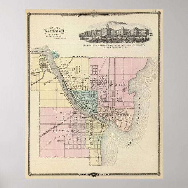 Vintage Map of Oshkosh WI (1878) Poster (Front)