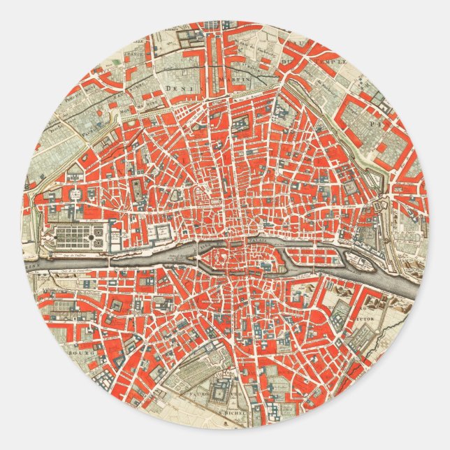 Vintage Map of Paris France (1721–1774) Classic Round Sticker (Front)