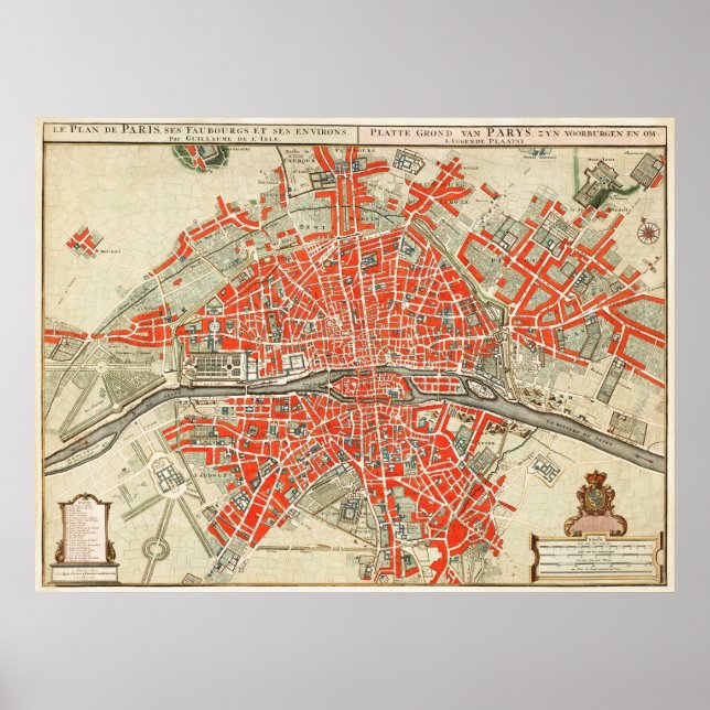 Vintage Map of Paris France (1721–1774) Poster (Front)