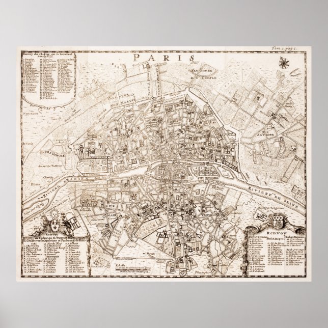Vintage Map of Paris France (1742) Poster (Front)