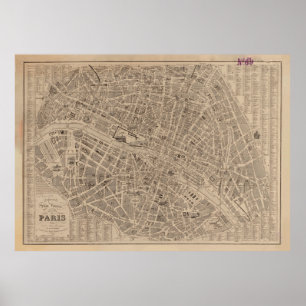 Vintage Map of Paris France (1854) Poster