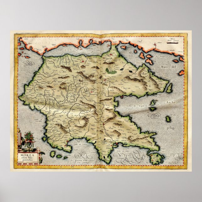 Vintage Map of Peloponnese (1596) Poster (Front)