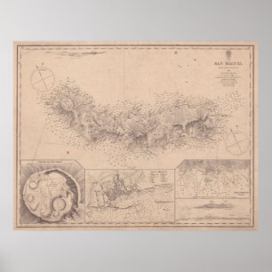 Vintage Map of Sao Miguel Island Azores (1854) Poster