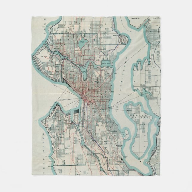 Vintage Map of Seattle Washington (1911) Fleece Blanket (Front)