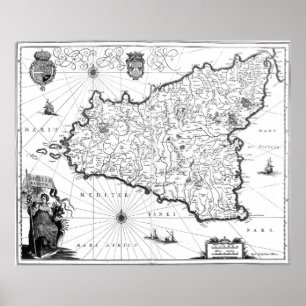 Vintage Map of Sicily Italy (1600s) BW Poster
