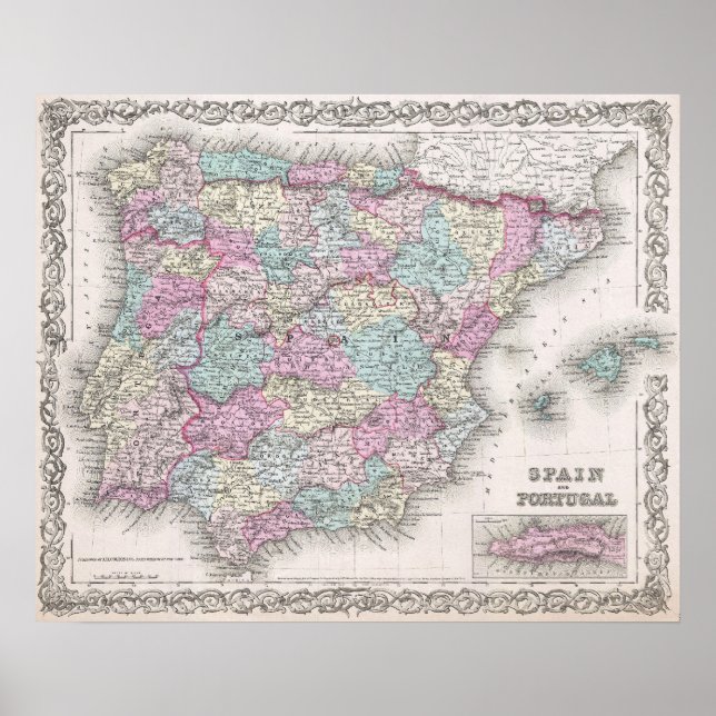 Vintage Map of Spain (1855) Poster (Front)