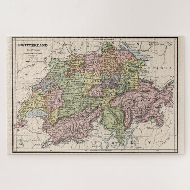 Vintage Map of Switzerland (1882) Jigsaw Puzzle (Horizontal)