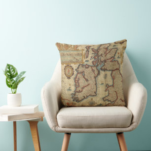 Vintage Map of the British Isles, 1552 – 1629 Cushion