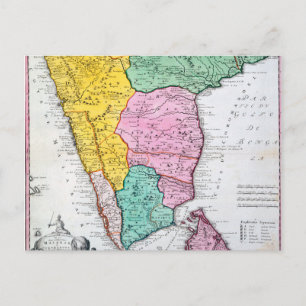 Vintage Map of the Indian Peninsula   1733 Postcard