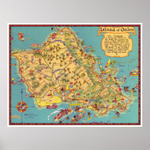 Vintage Map of the Island of Oahu Poster
