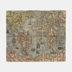 Vintage Map of The World (1565) Fleece Blanket