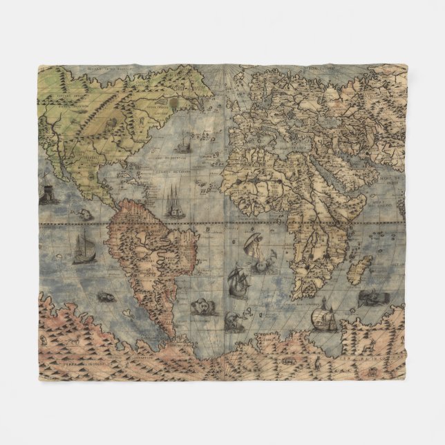 Vintage Map of The World (1565) Fleece Blanket (Front (Horizontal))