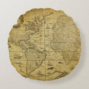 vintage map of the world 1635 round cushion