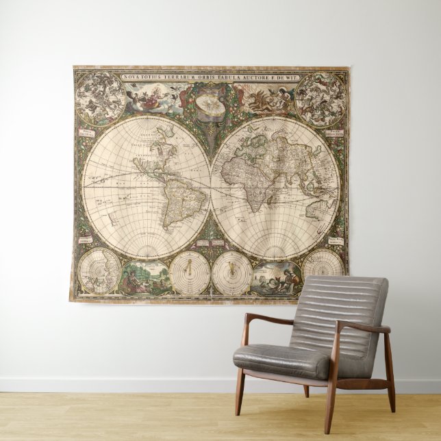 Vintage Map of The World (1660) Tapestry (In Situ (Horizontal))