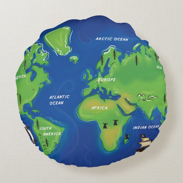 Vintage Map Of the world. Round Cushion (Back)