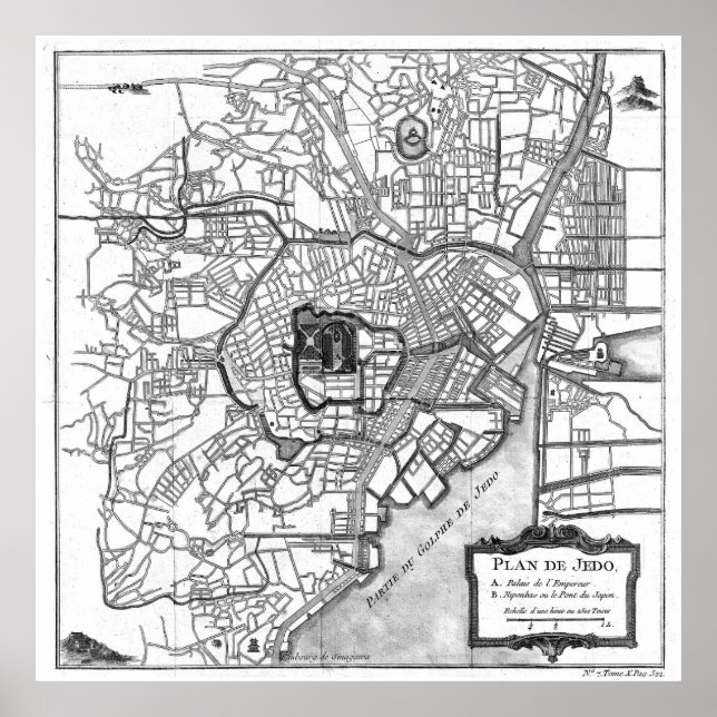 Vintage Map of Tokyo Japan (1752) BW Poster (Front)