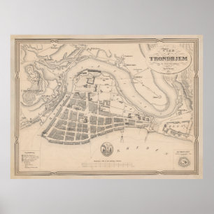 Vintage Map of Trondheim Norway (1842) Poster