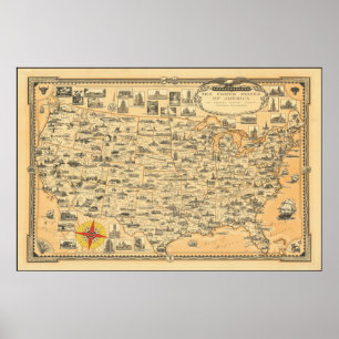 Vintage Map of United States of America USA US Poster