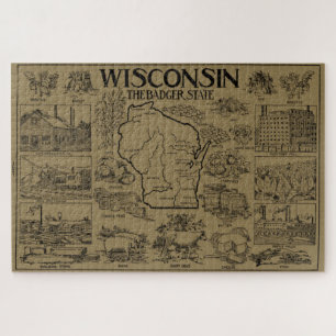 Vintage Map of Wisconsin (1912) - Tan Jigsaw Puzzle