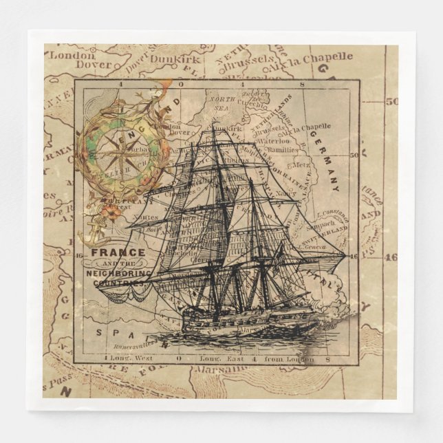 Vintage Map Ship Decoupage Napkin (Front)
