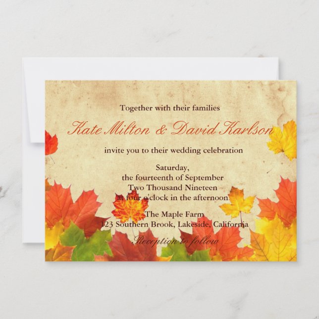 Vintage Maple Leaves Fall Colours Wedding Invitation (Front)