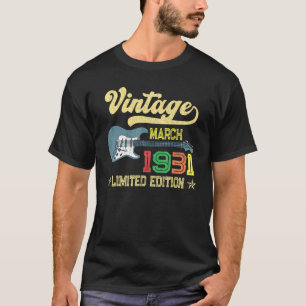 Vintage March 1931 Bday , Guitar 91st Birthday T-Shirt