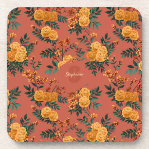Vintage Marigold Calendula Floral Pattern Coaster