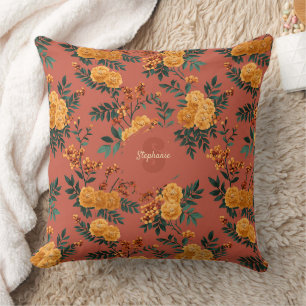 Vintage Marigold Calendula Floral Pattern Cushion