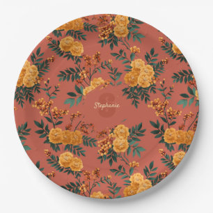 Vintage Marigold Calendula Floral Pattern Paper Plate