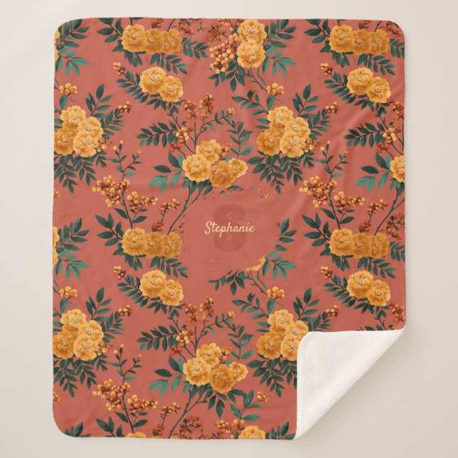 Vintage Marigold Calendula Floral Pattern Sherpa Blanket (Front)