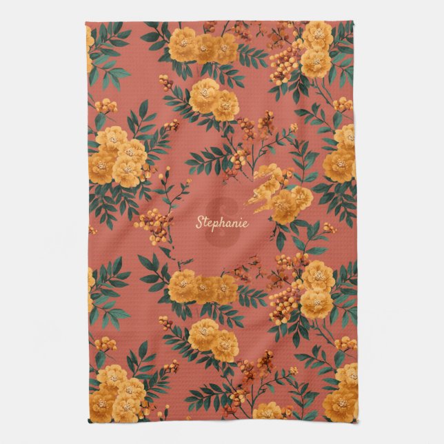 Vintage Marigold Calendula Floral Pattern Tea Towel (Vertical)