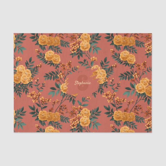 Vintage Marigold Calendula Floral Pattern Tissue Paper (Front)