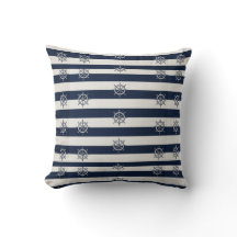 Vintage Maritime Ship Wheel Navy Blue Ivory Stripe