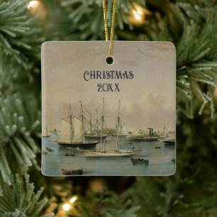 Vintage Maritime, Yacht Squadron at Newport Harbou Ceramic Ornament