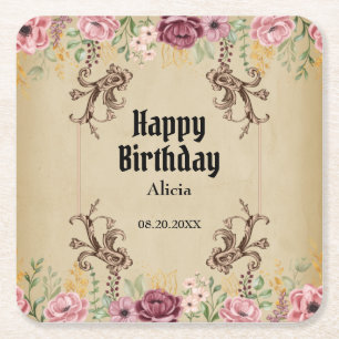 Vintage Maroon Gold Flower Parchment Birthday Square Paper Coaster
