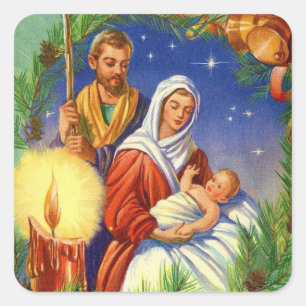 Vintage Mary and Joseph With Baby Jesus Christmas Square Sticker