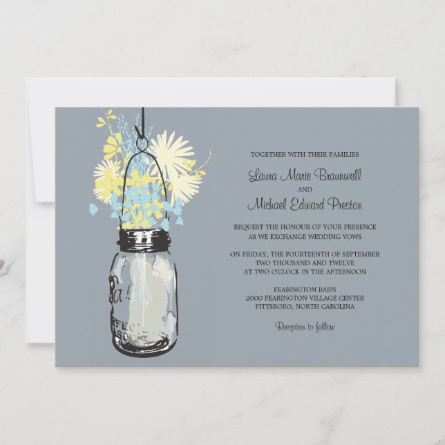 Vintage Mason Jar and Wildflowers Wedding Invitation (Front)