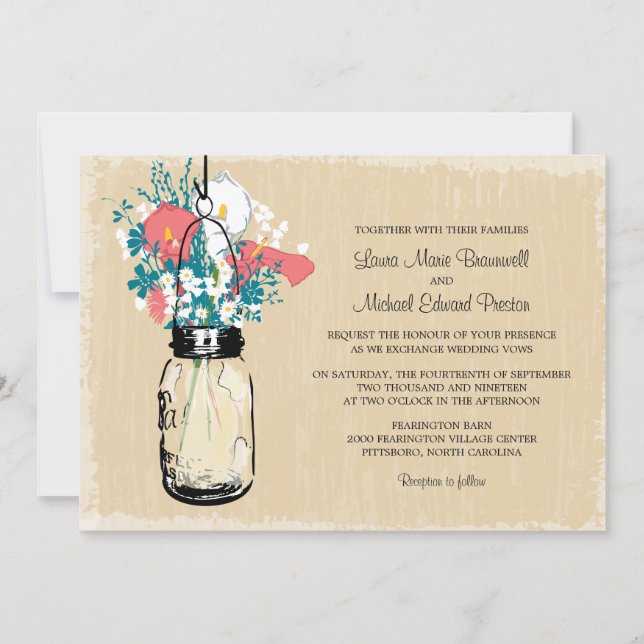 Vintage Mason Jar Calla Lily  Wildflowers WeddinG Invitation (Front)