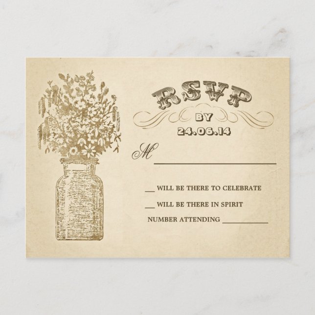 vintage mason jar wedding rsvp postcards (Front)