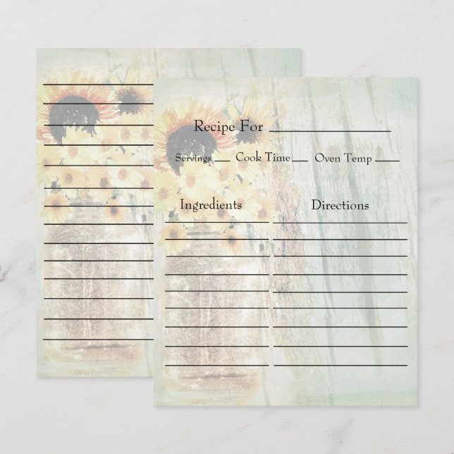 Vintage Mason Jar with Sunflowers Recipe Cards (Front/Back)