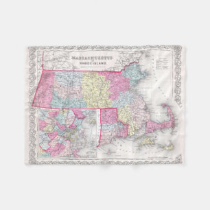 Vintage Massachusetts and Rhode Islands Map (1855) Fleece Blanket