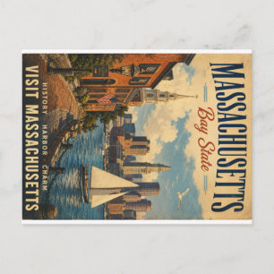 Vintage Massachusetts Bay State Travel Poster with Holiday Postcard