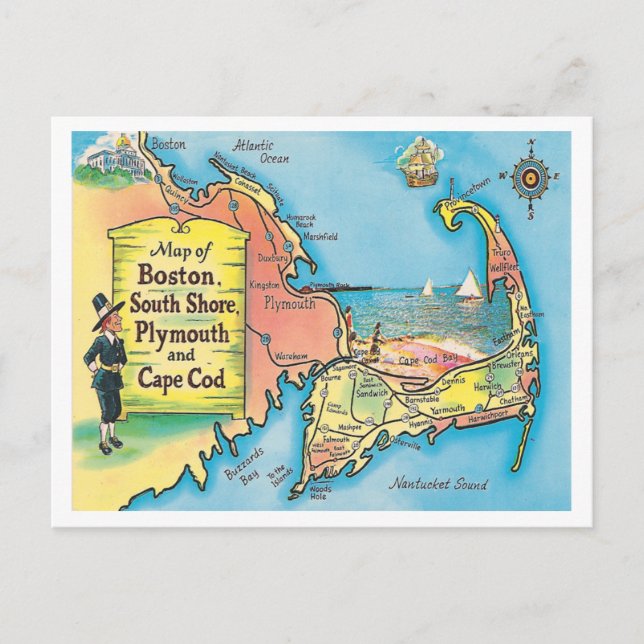 Vintage Massachusetts Cities Map Postcard (Front)