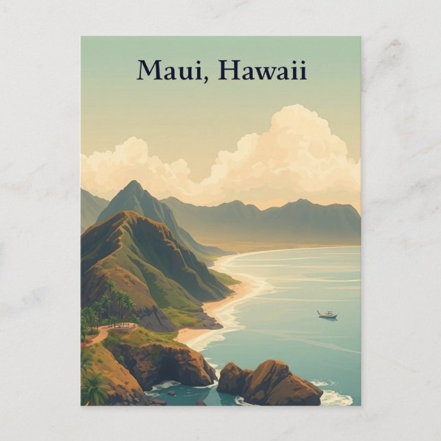 Vintage Maui, Hawaii Travel Illustration Postcard (Front)